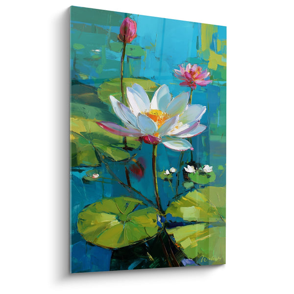 Schilderij Lotus Bloem Wit en Waterlelies Roze op Blauw Turquoise Vijver - Aquatische Serenity - Editie Waterlelie