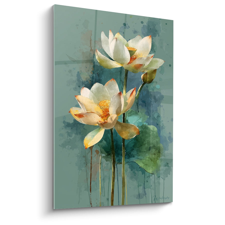 Schilderij Lotus Wit en Oranje op Blauwgroene Aquarelstuk - Waterige Serenity - Editie Nymphaeën