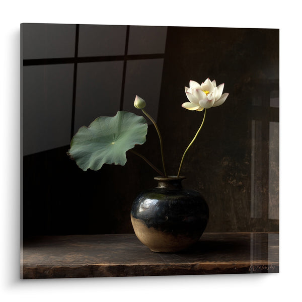White Lotus and Leaf in Black Vase on Dark Background - Zen Serenity - Ikebana Edition