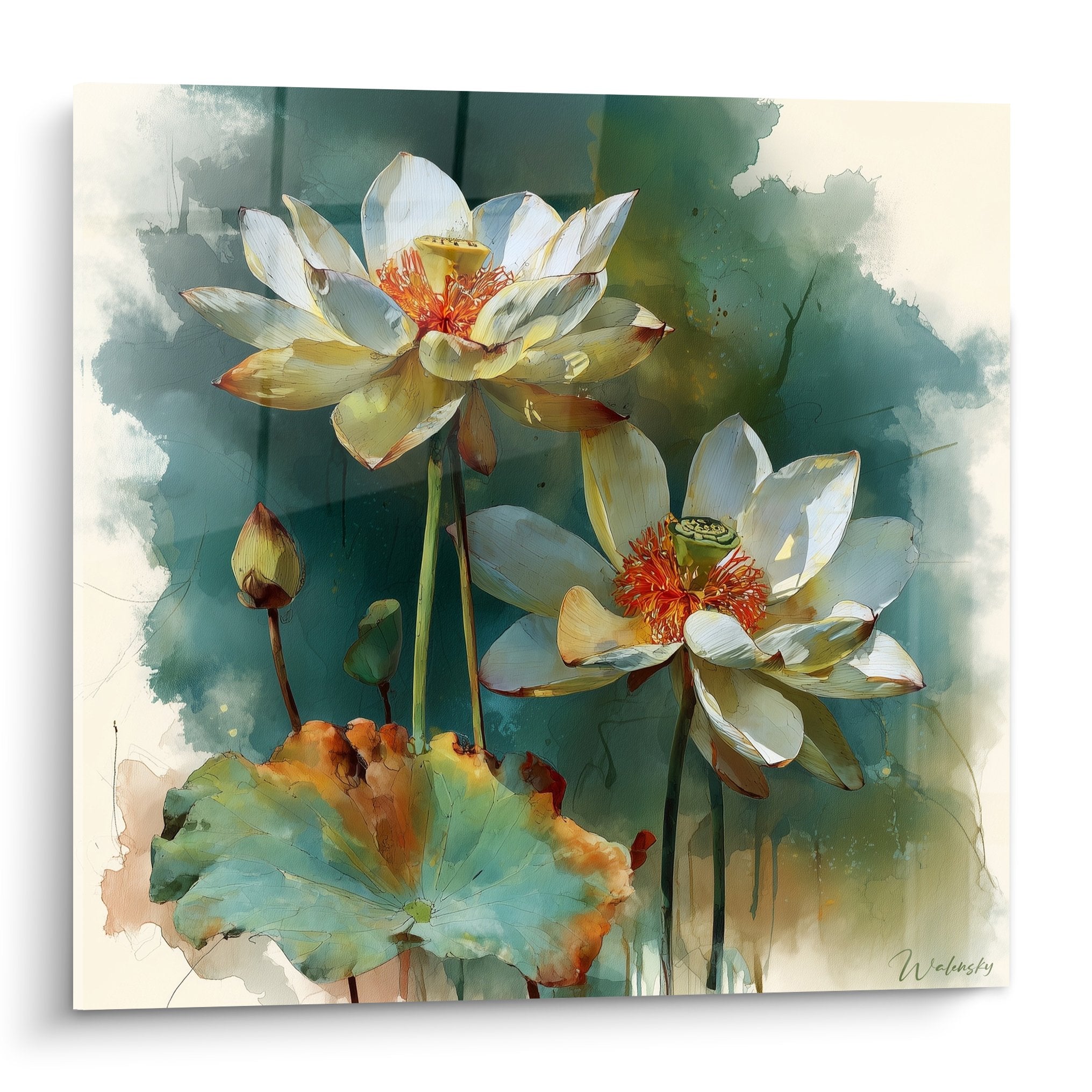 Tableau aquarelle lotus blancs coeurs oranges sur fond vert aquatique style moderne zen decoration murale