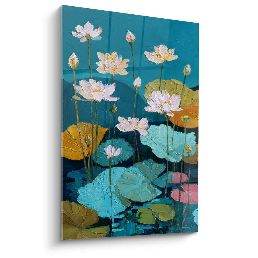 Tabel Lotus Waterlelies op een Levendige Turquoise Achtergrond - Florale Symfonie - Nymphaeën Editie