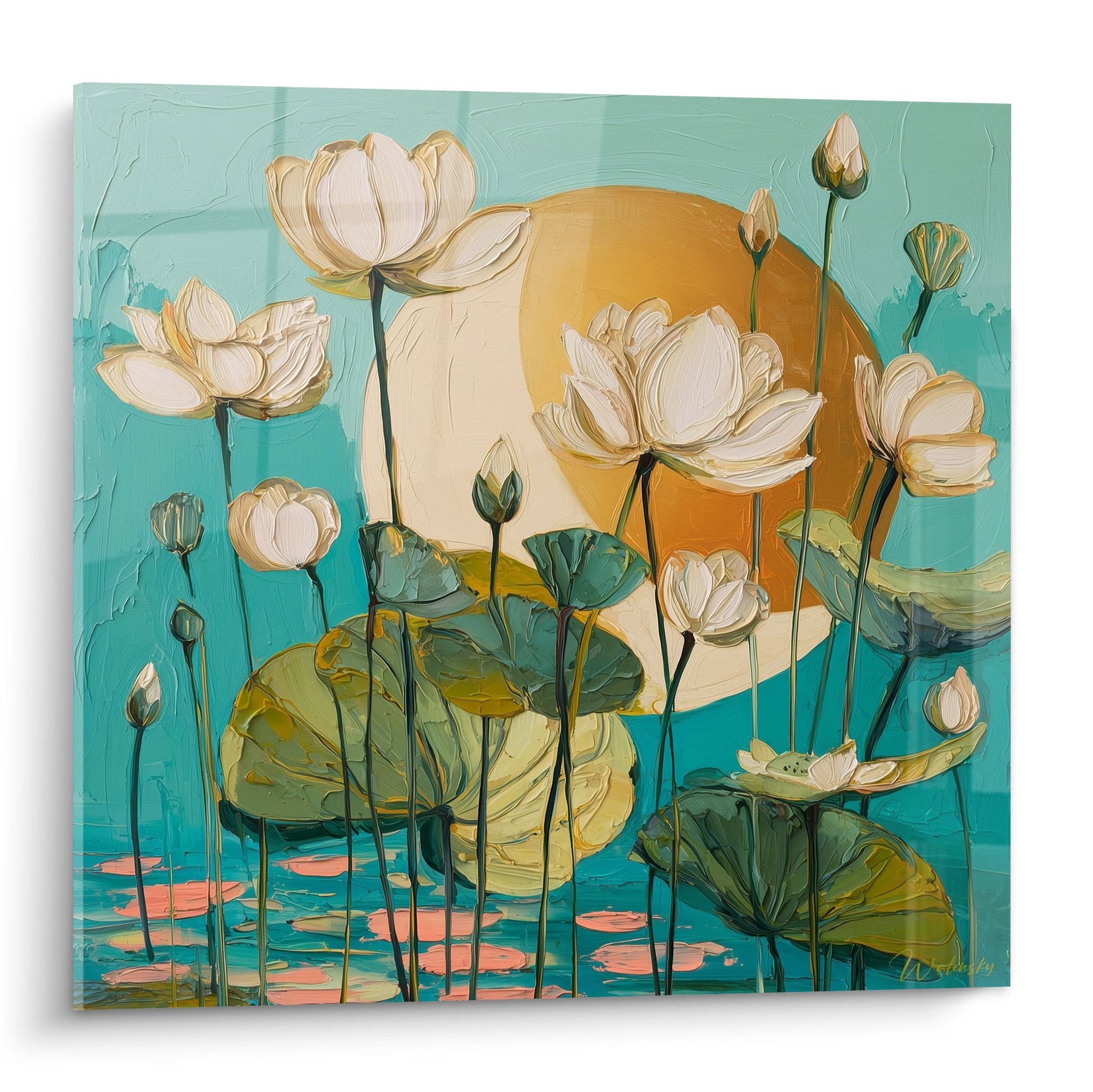 Tableau lotus blancs sur eau turquoise avec soleil dore style zen meditation nenuphares
