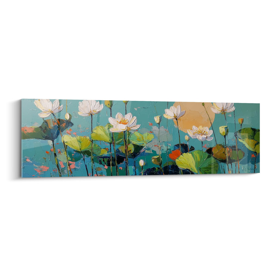 Schilderij Lotus Bloemen op Turquoise Achtergrond met Groene Bladeren - Waterige Sereniteit - Nymphaeën Editie