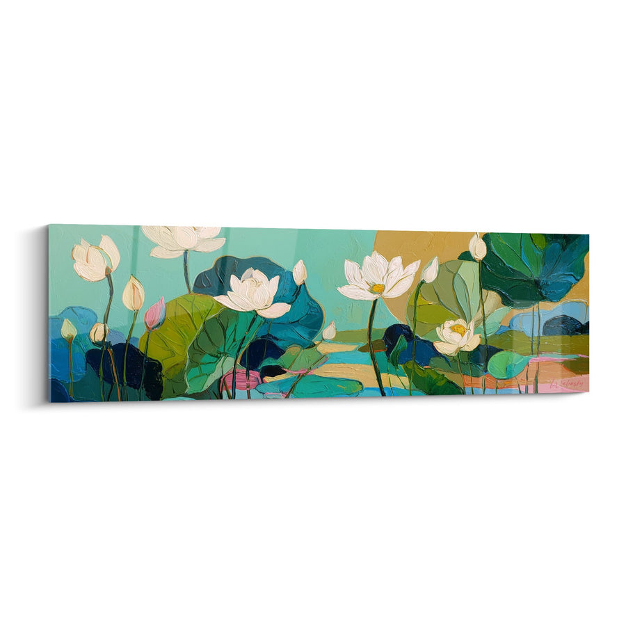 Schilderij Lotus Bloemen en Groene Bladeren op Turquoise Achtergrond - Waterige Serenity - Nymphaeën Editie