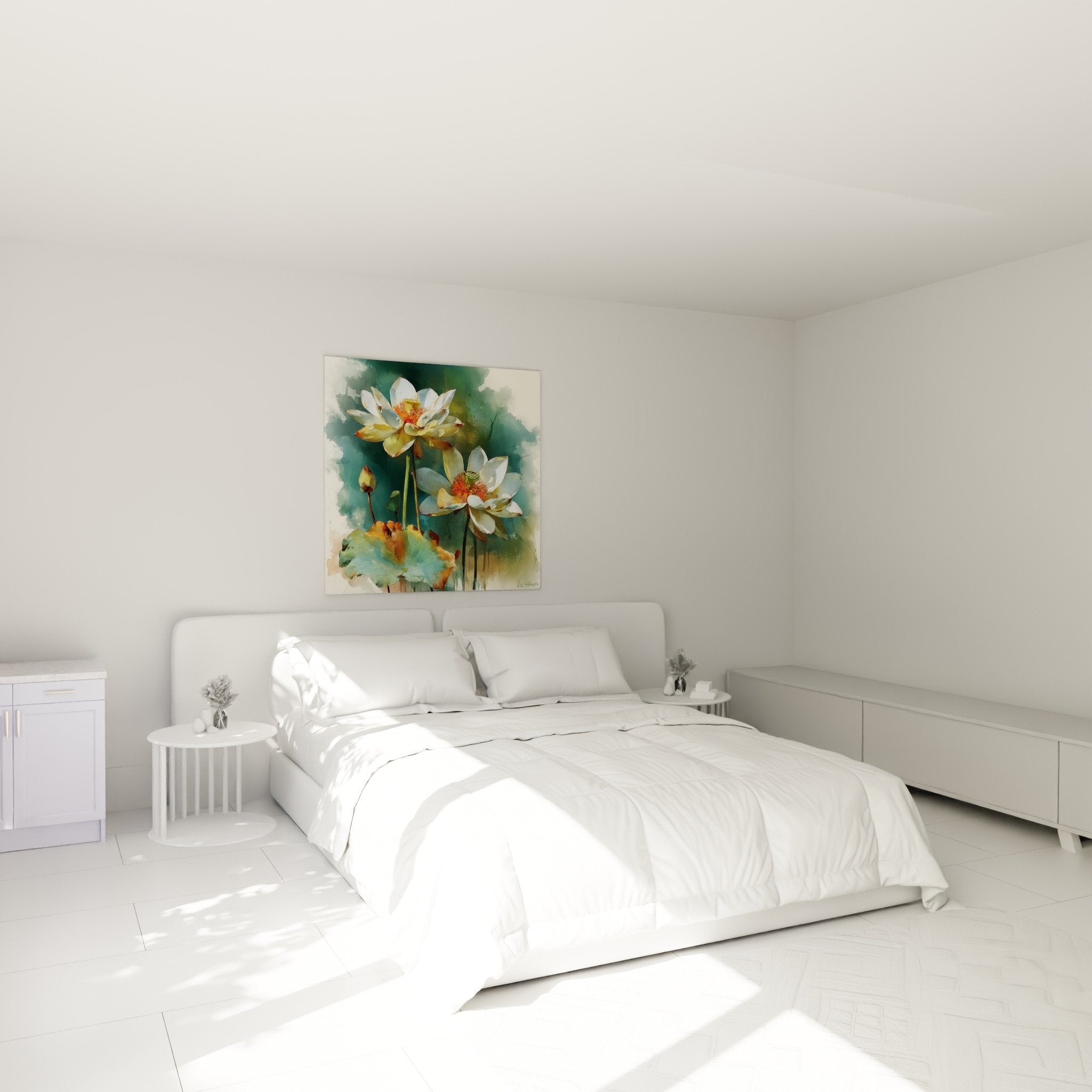 Tableau lotus blancs aquarelle dans chambre moderne murs clairs ambiance zen decoration apaisante