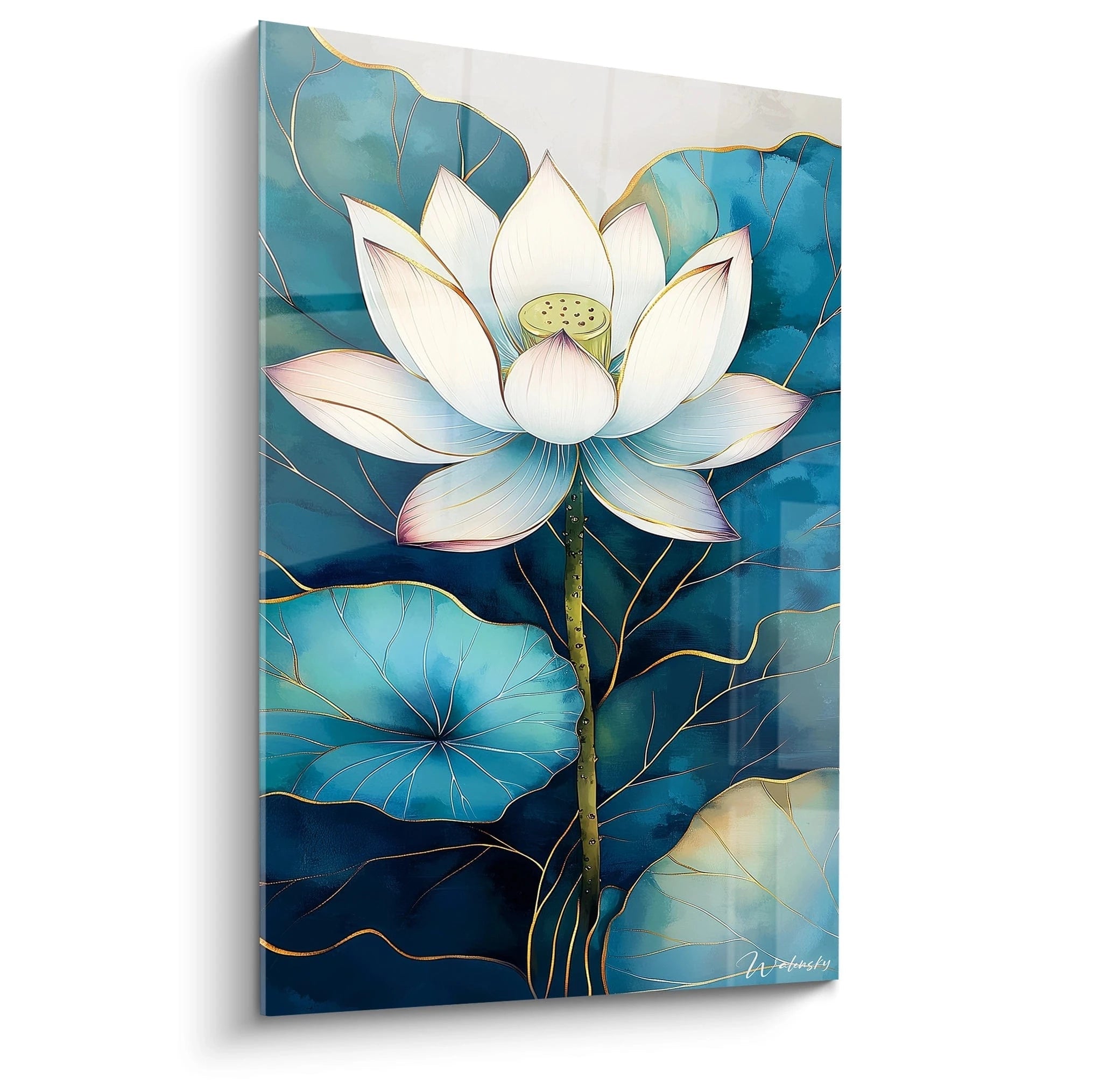 Tableau lotus zen Walensky avec fleur de lotus blanche et feuilles bleu-vert pour décoration murale apaisante