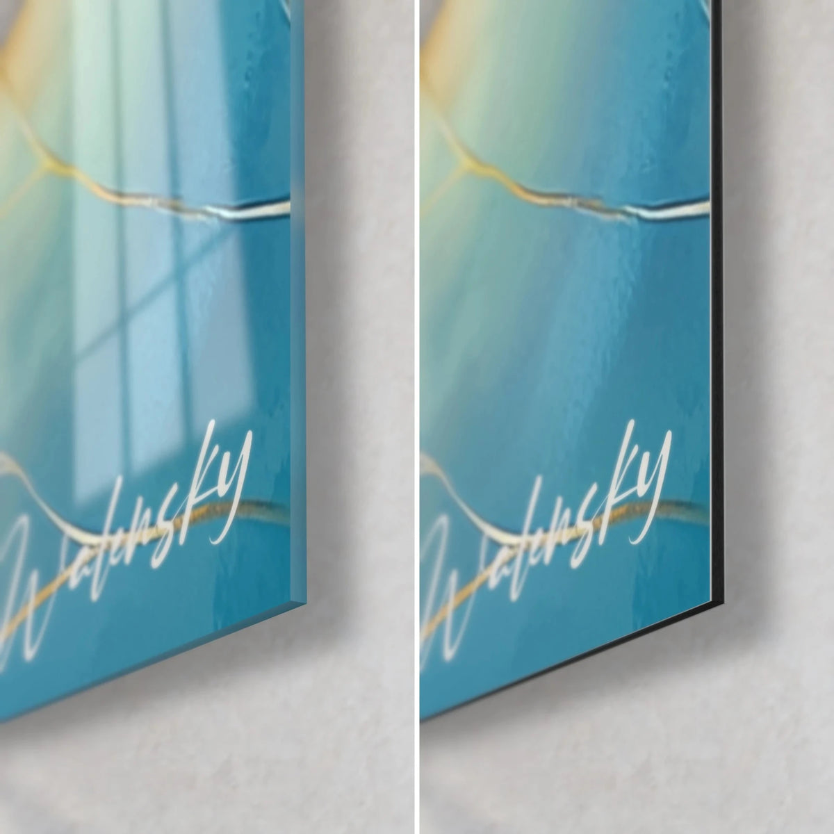 Tableau lotus blanc, coin bas droit : verre acrylique brillant bleu turquoise et Dibond mat noir, signature Walensky dorée