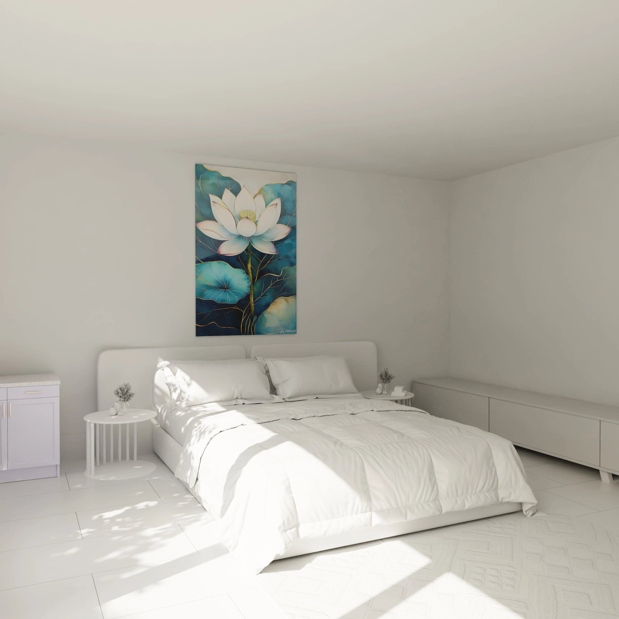 Tableau lotus zen sur fond bleu avec fleur de lotus blanche accroché au-dessus de lit moderne dans chambre minimaliste