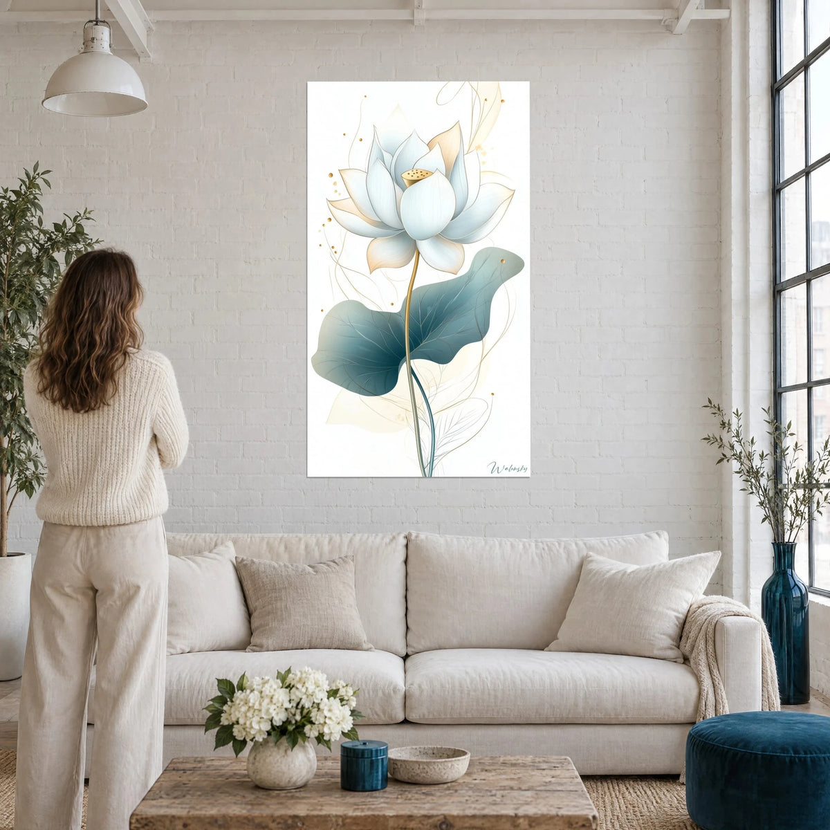 Tableau lotus blanc aux pétales bleutés et tige dorée, feuille vert-de-gris, au-dessus d'un canapé dans un salon lumineux