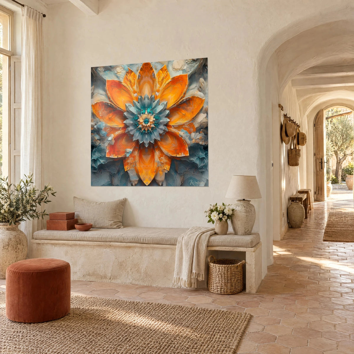 Cuadro flor geométrica simétrica, pétalos naranja vivo y corona gris moteada de turquesa, en el pasillo abovedado de una masía provenzal
