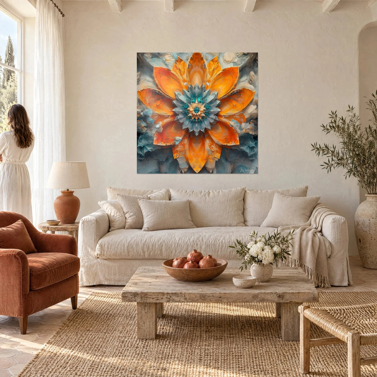 Cuadro mandala de loto con pétalos naranjas cristalinos alrededor de un corazón turquesa, mujer de espaldas, sobre un sofá en un salón luminoso