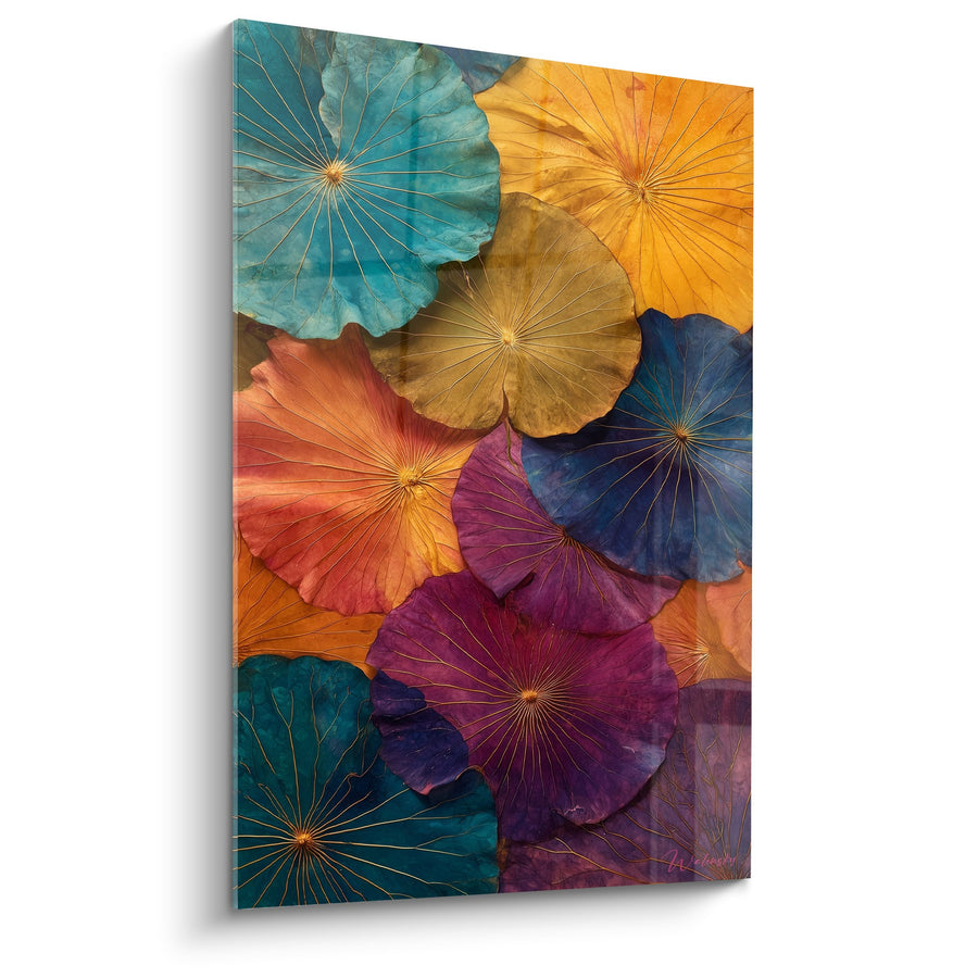 Tableau Feuilles de Lotus Multicolores Vibrantes - Symphonie Aquatique - Edition Nénuphare
