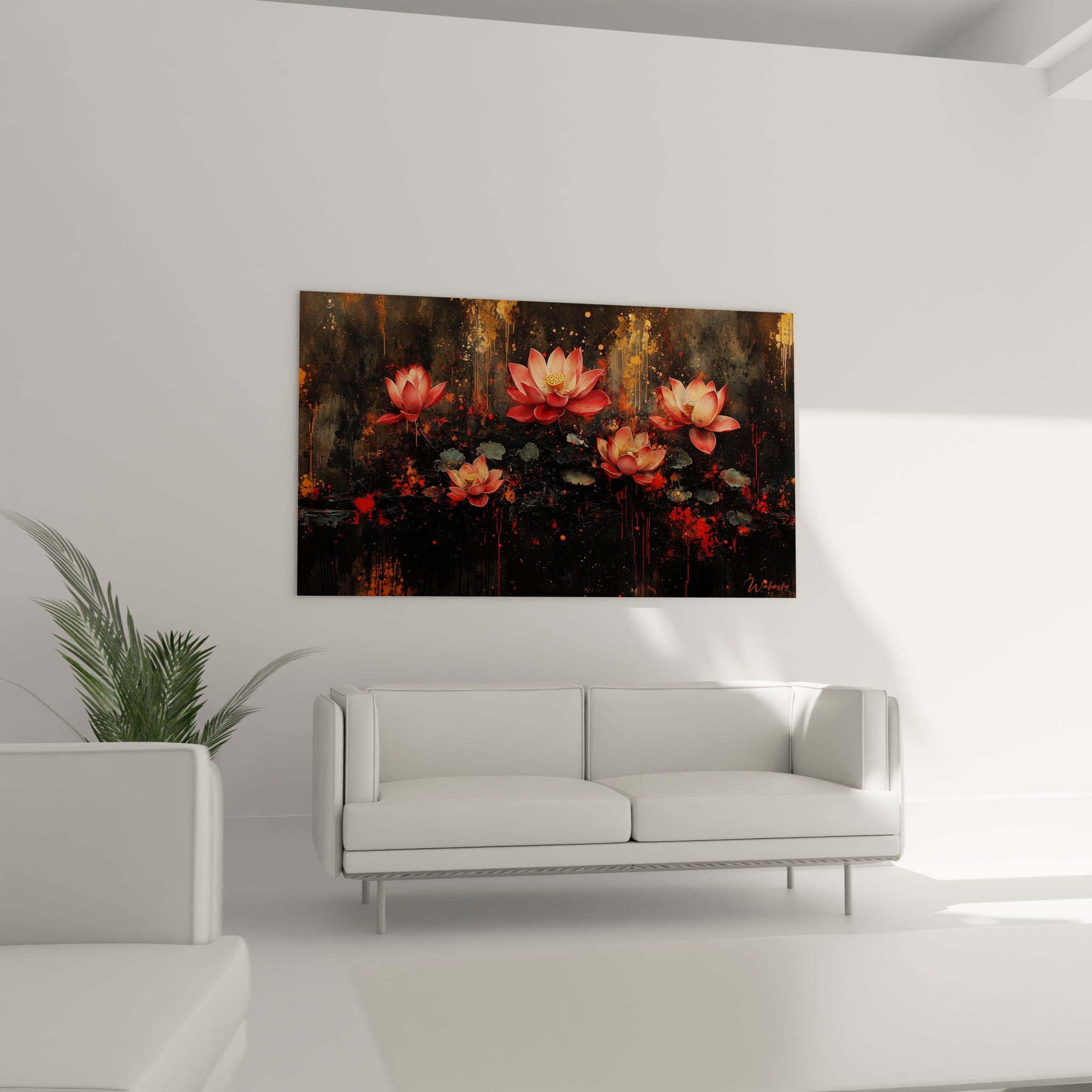 Un tableau de lotus rouges en pleine floraison sur un fond noir expressionniste, avec des projections d'or et des coulures orange, montrant le contraste entre le réalisme délicat des fleurs et la texture chaotique de l'arrière-plan.
