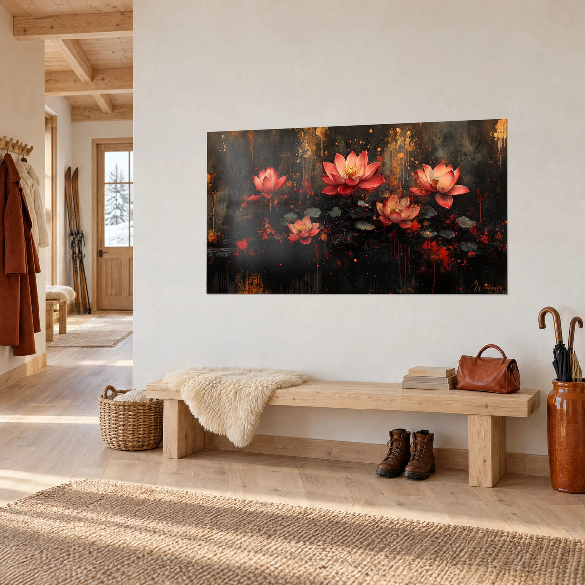 Tableau cinq fleurs de nénuphar rose pâle aux cœurs dorés, coulures rouges, au-dessus d'un banc en bois clair