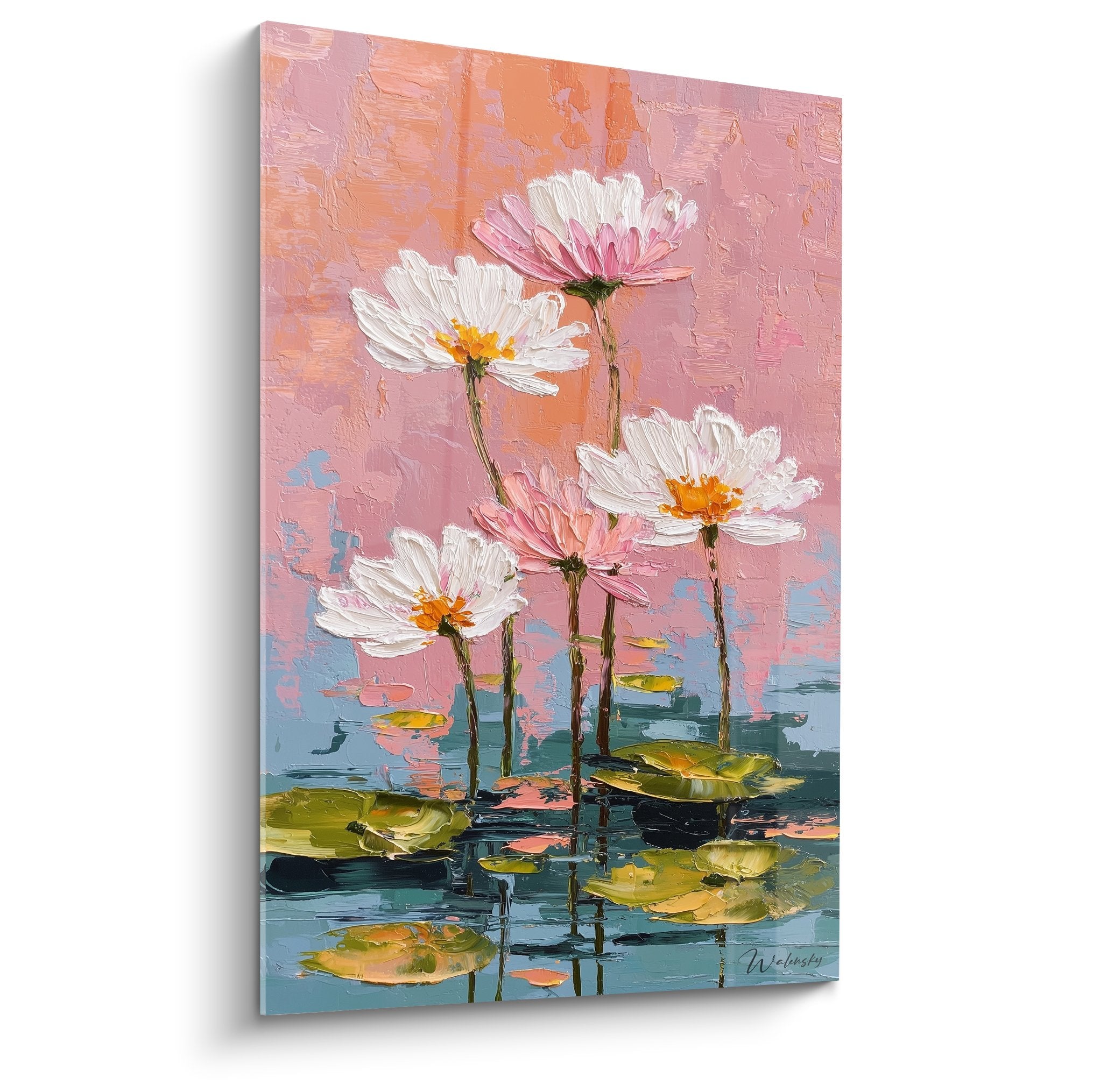 Tableau lotus blancs et roses tons pastel sur eau calme style impressionniste feng shui sud-ouest terre decoration zen