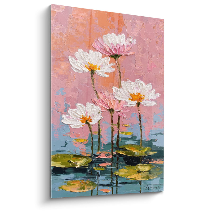 Tableau Lotus Blanc et Rose sur Eau Calme Tons Pastel - Sérénité Aquatique - Edition Feng shui Sud-Ouest Terre