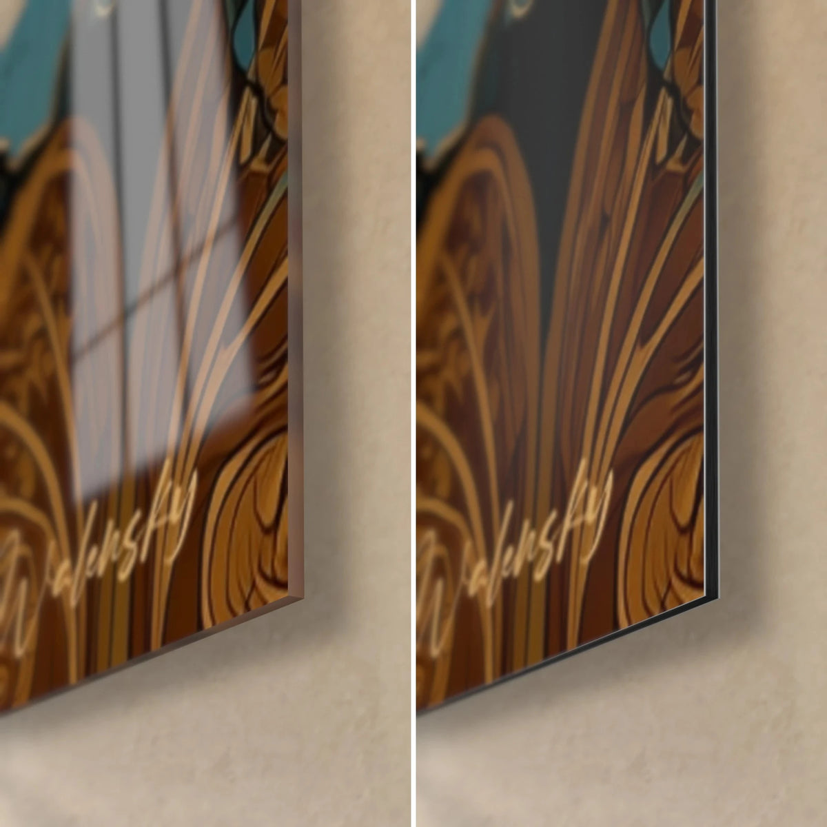 Tableau fleur de lotus dorée sur bleu, coin bas droit : verre acrylique brillant à gauche, Dibond mat à droite, tranche de 3 mm