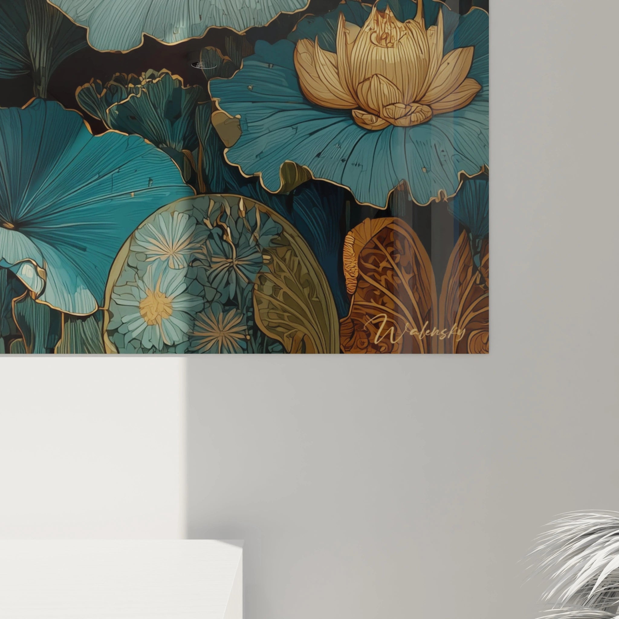 Tableau mural Walensky tableau lotus art nouveau en bleu canard et or avec fleurs et feuilles stylisées