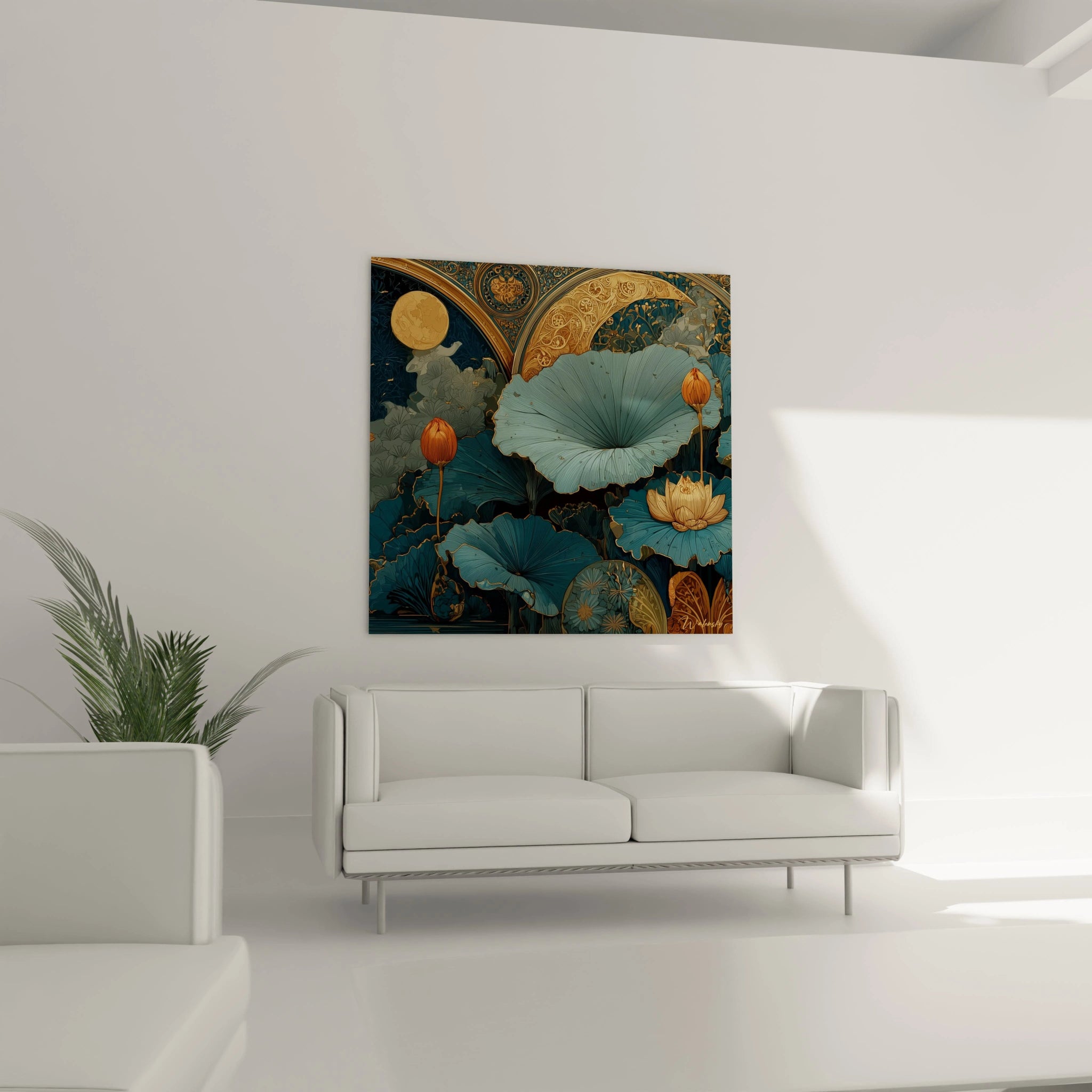 tableau lotus art nouveau Walensky sur fond bleu profond avec feuilles vertes et accents dorés