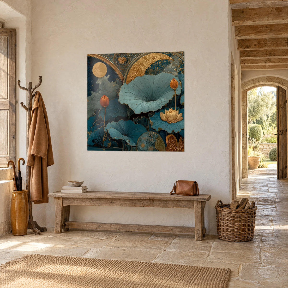 Cuadro hojas de loto con bordes dorados sobre fondo azul noche, botón cobrizo, vista de tres cuartos, banco de madera, hall de piedra