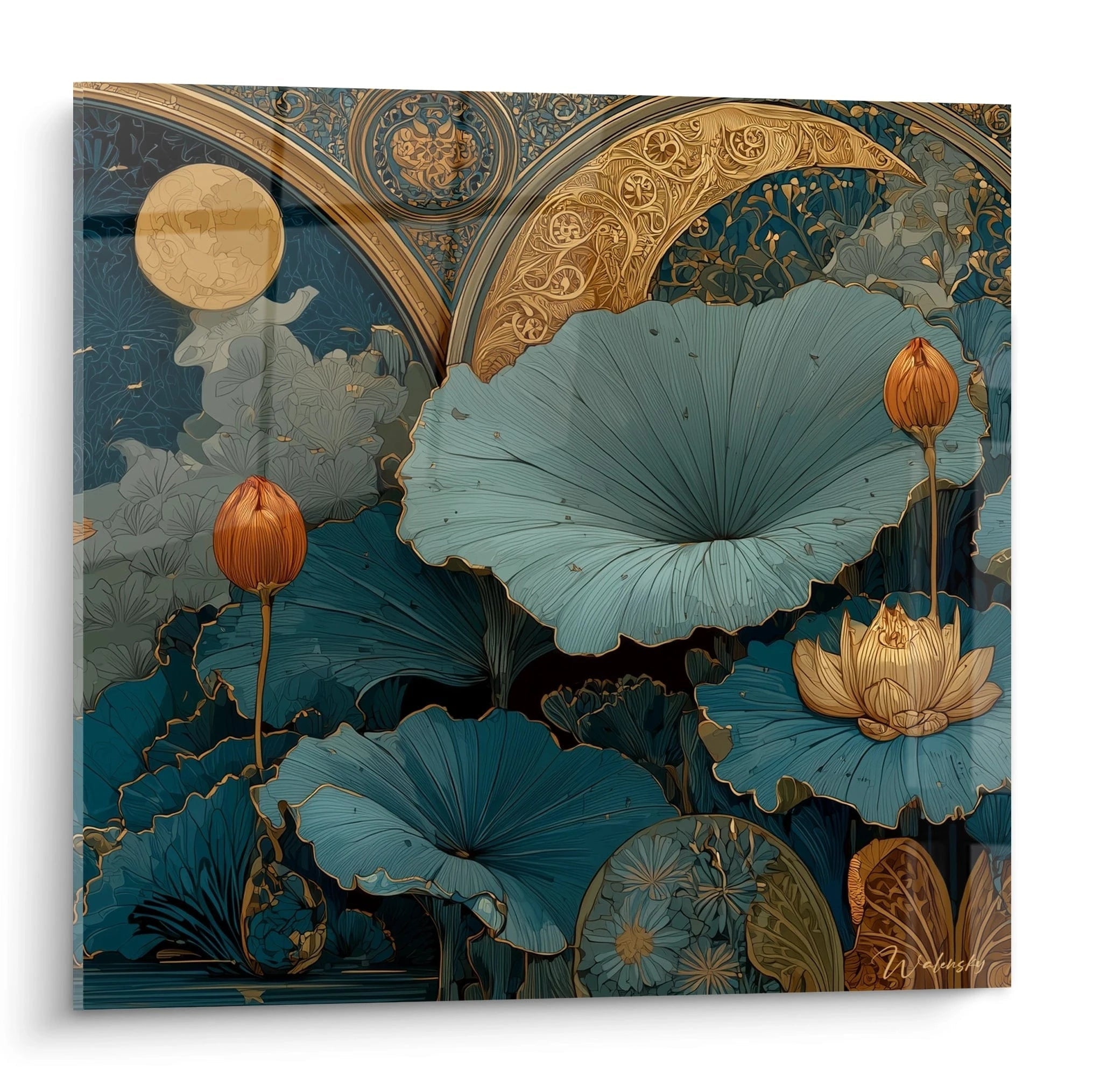 tableau lotus art nouveau Walensky toile murale bleu canard et doré motifs de feuilles de lotus et lune