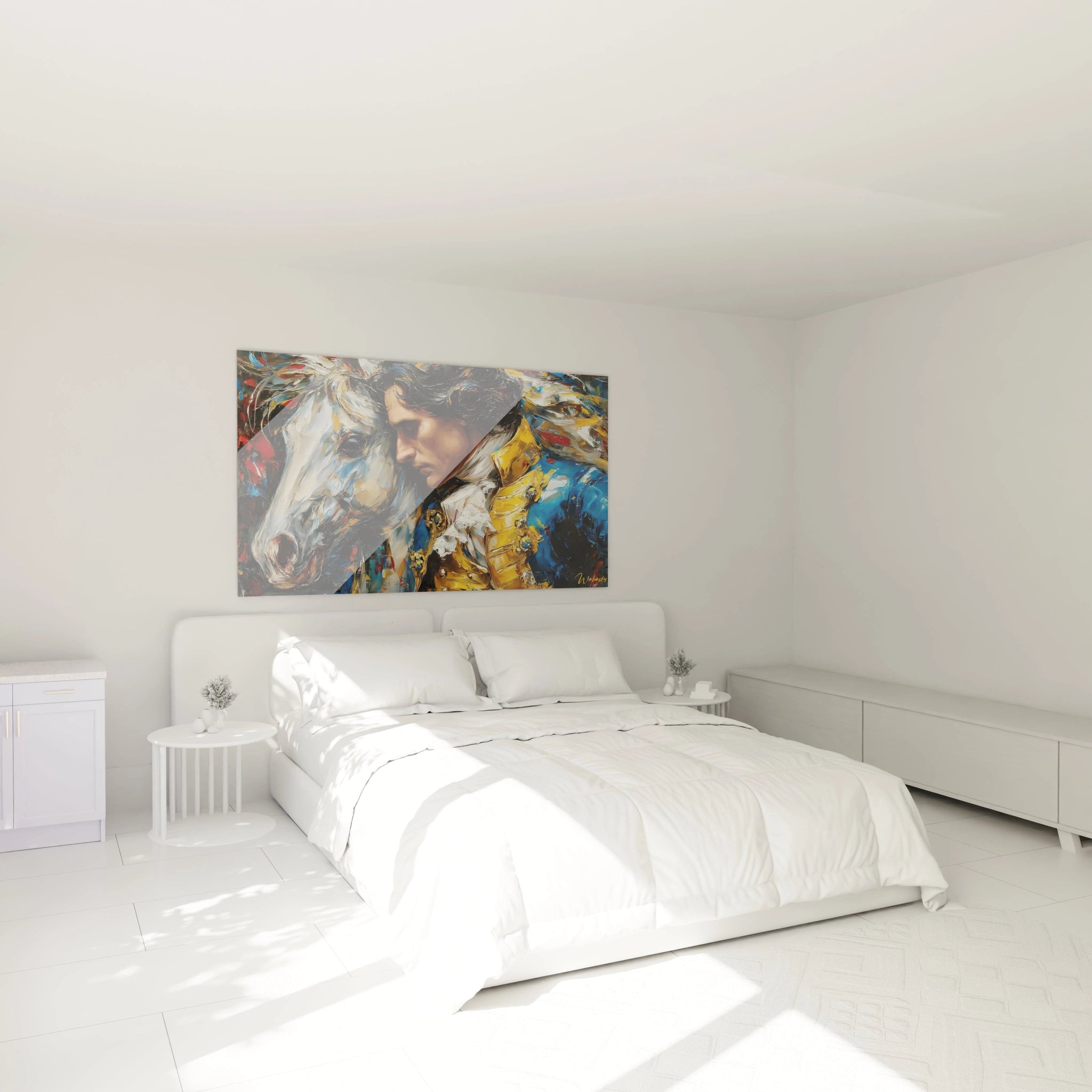 tableau Louis XIV équestre Walensky accroché au dessus du lit dans une chambre minimaliste blanche