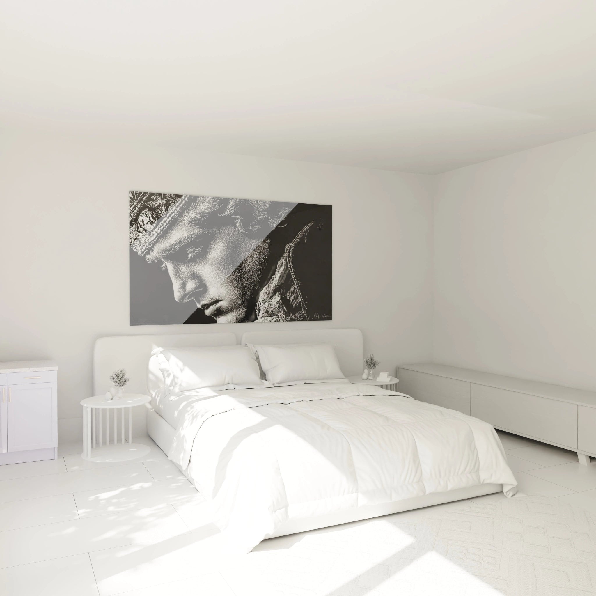 tableau Louis XVI haut de gamme Walensky grand format noir et blanc au dessus d un lit dans une chambre minimaliste