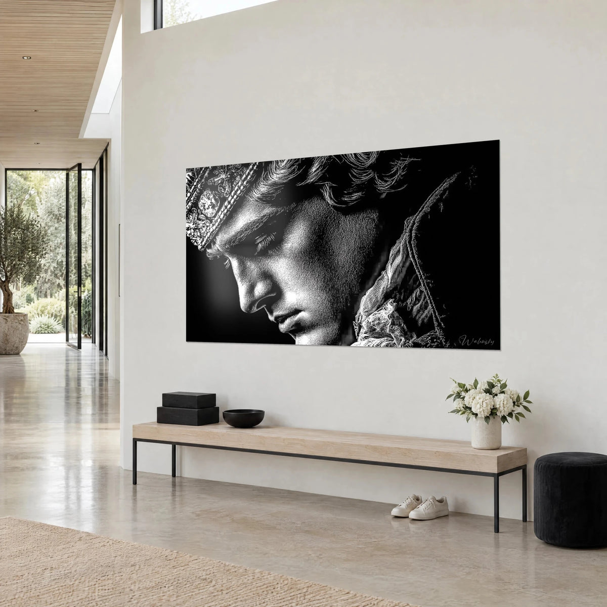 Wall art black and white sovereign profile, white lace and curly hair, hung on the wall of a mineral-toned lounge