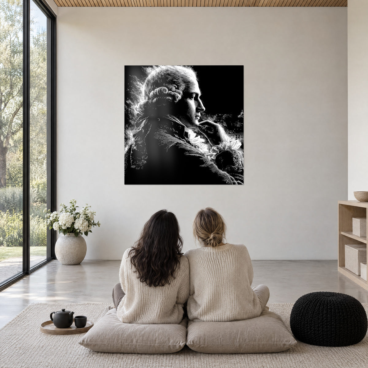 Gemälde königliche Gestalt mit gepuderter Perücke, Schwarzweiß-Kontrast, Silhouette eines Palastes, gegenüber zwei Frauen von hinten im Salon
