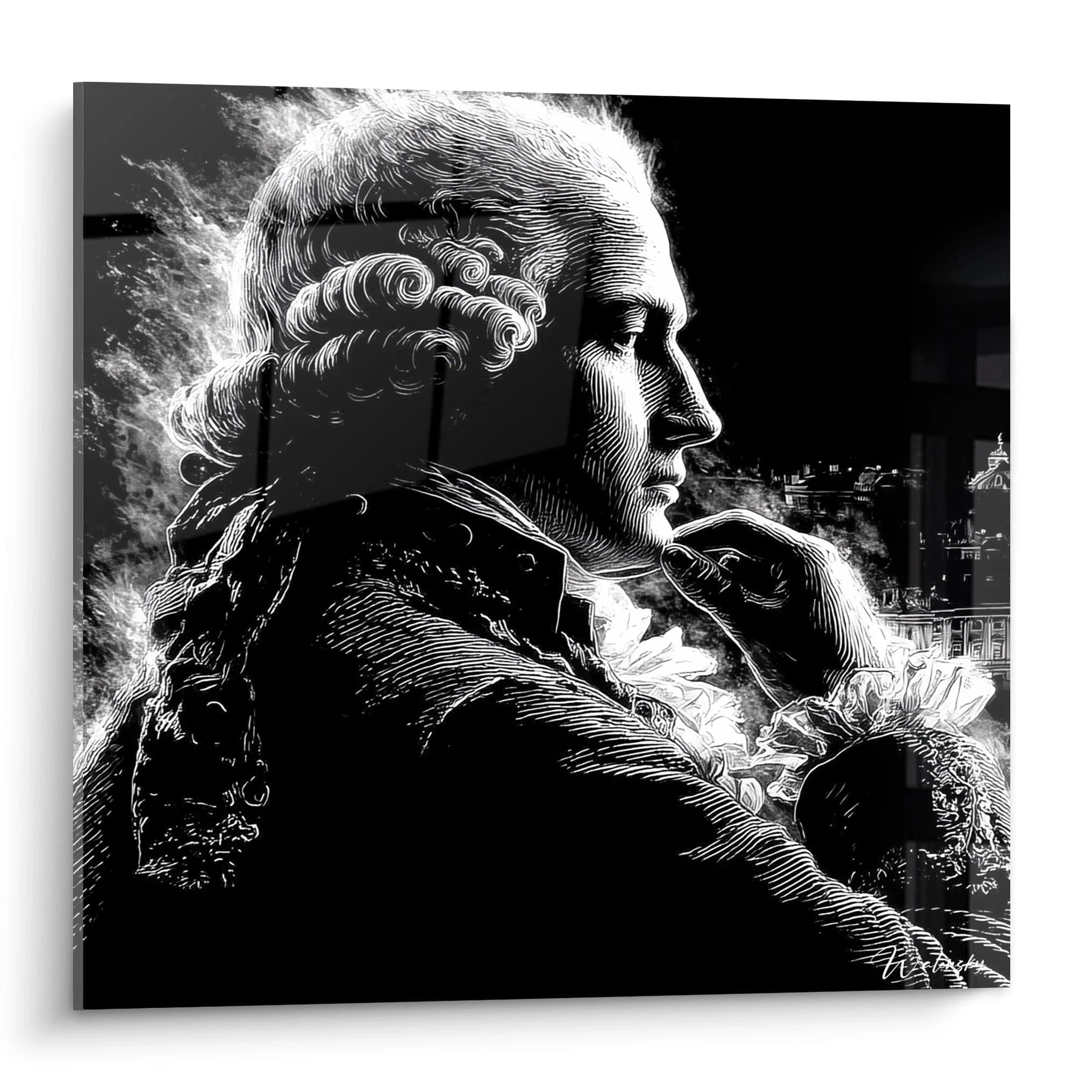 Tableau mural Walensky tableau Louis XVI noir et blanc portrait de profil aristocrate perruque XVIIIe siecle finition brillante