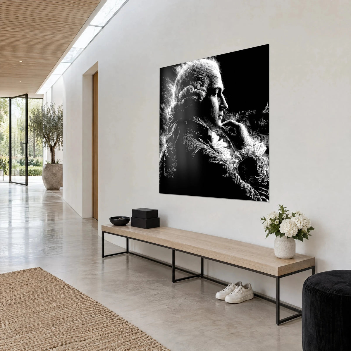 Wall art sovereign in white engraving on black, hand at chin, lace jabot and lit palace, three-quarter view in a hallway