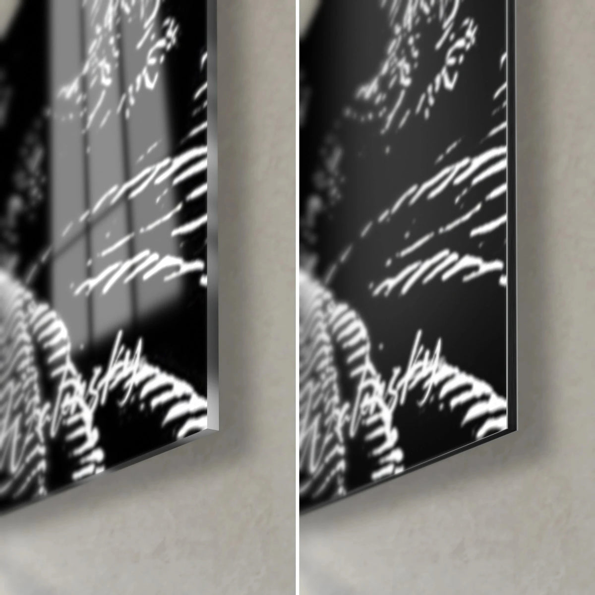Wall art engraved black and white monarch, bottom right corner: glossy acrylic glass on the left, matte Dibond aluminium on the right, 3 mm edge