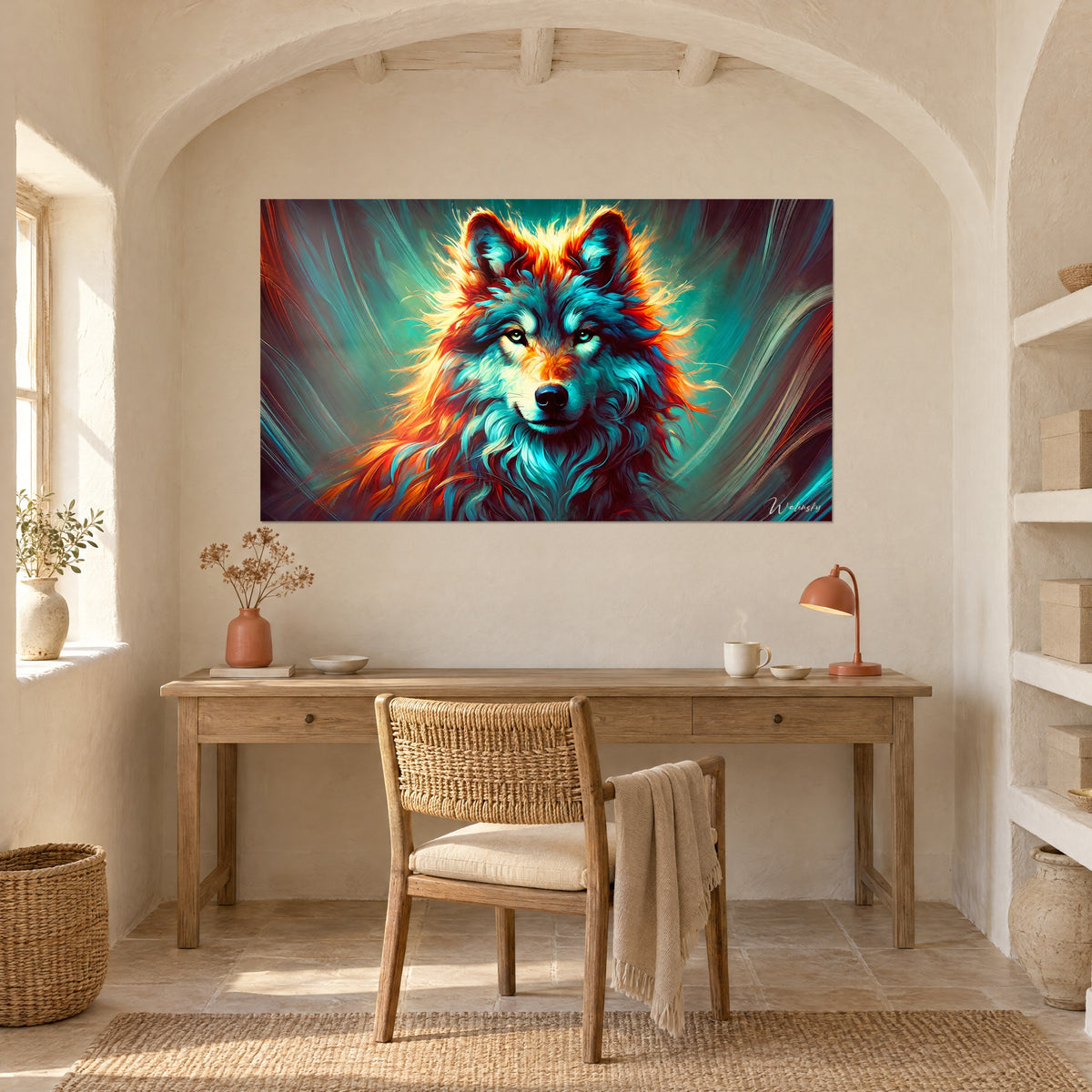 Cuadro de una manada salvaje encarnada por un lobo rojizo y turquesa, pared beige abovedada, escritorio de madera y lámpara de terracota