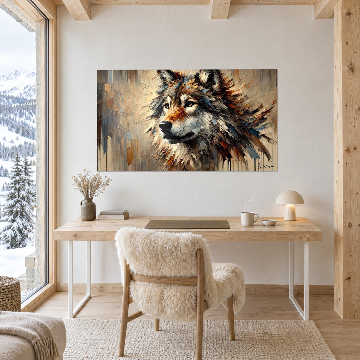 Cuadro lobo en empastes crema, marrón y gris azulado, mirada dorada intensa, sobre un escritorio de madera clara