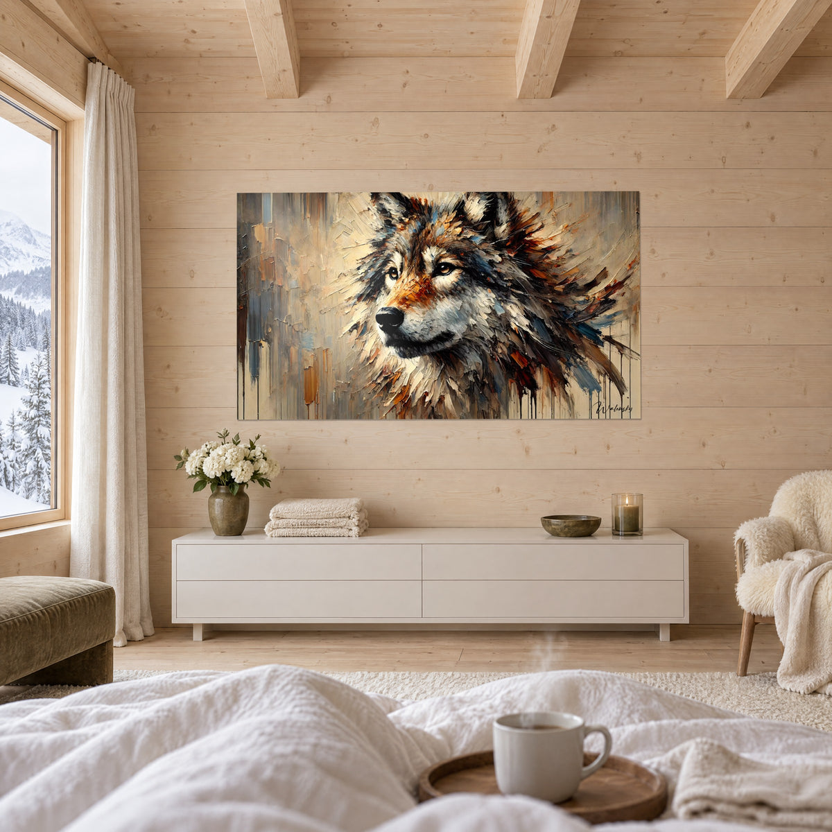 Cuadro cabeza de lobo salvaje en tonos cobrizos y grises, toques azul pizarra, sobre una cama en un dormitorio luminoso