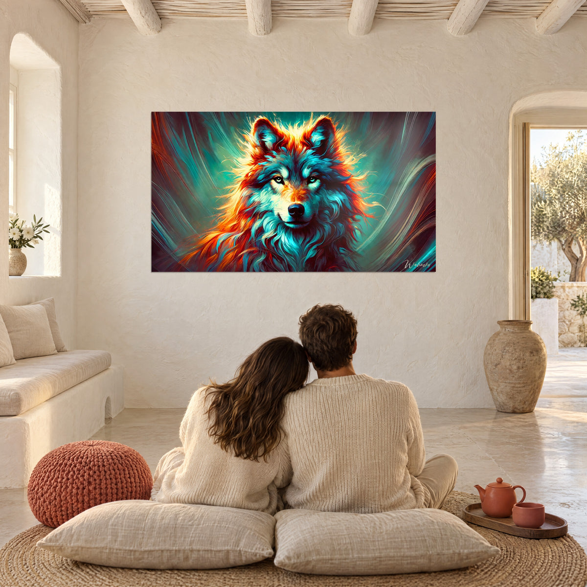 Cuadro de un lobo alfa rojo fuego y azul glaciar contemplado por una pareja abrazada sobre cojines, salón blanco mediterráneo