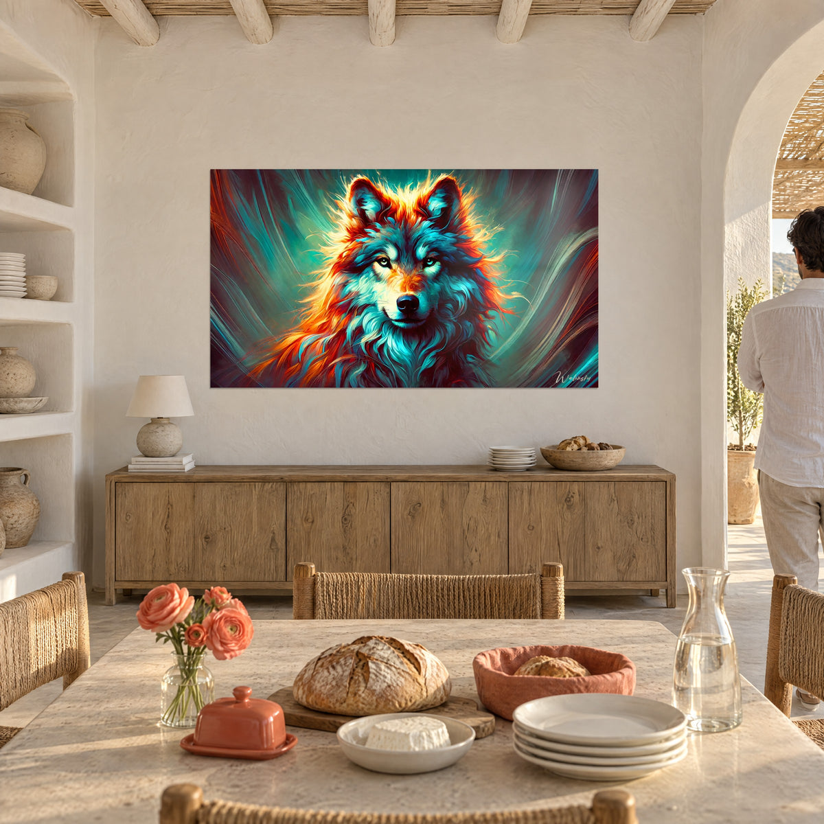 Cuadro de una cabeza de lobo con ojos verde agua y melena rojiza encendida, pared crema, aparador de madera, arco y mesa puesta