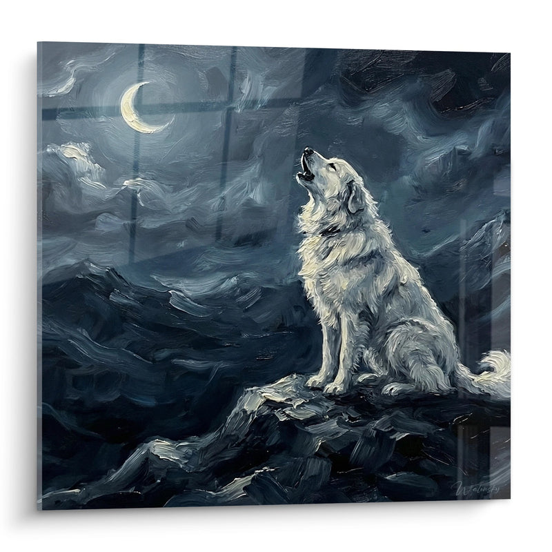 Tableau Loup Hurlant sous Croissant de Lune - Appel Nocturne - Edition Montagne des Pyrénées