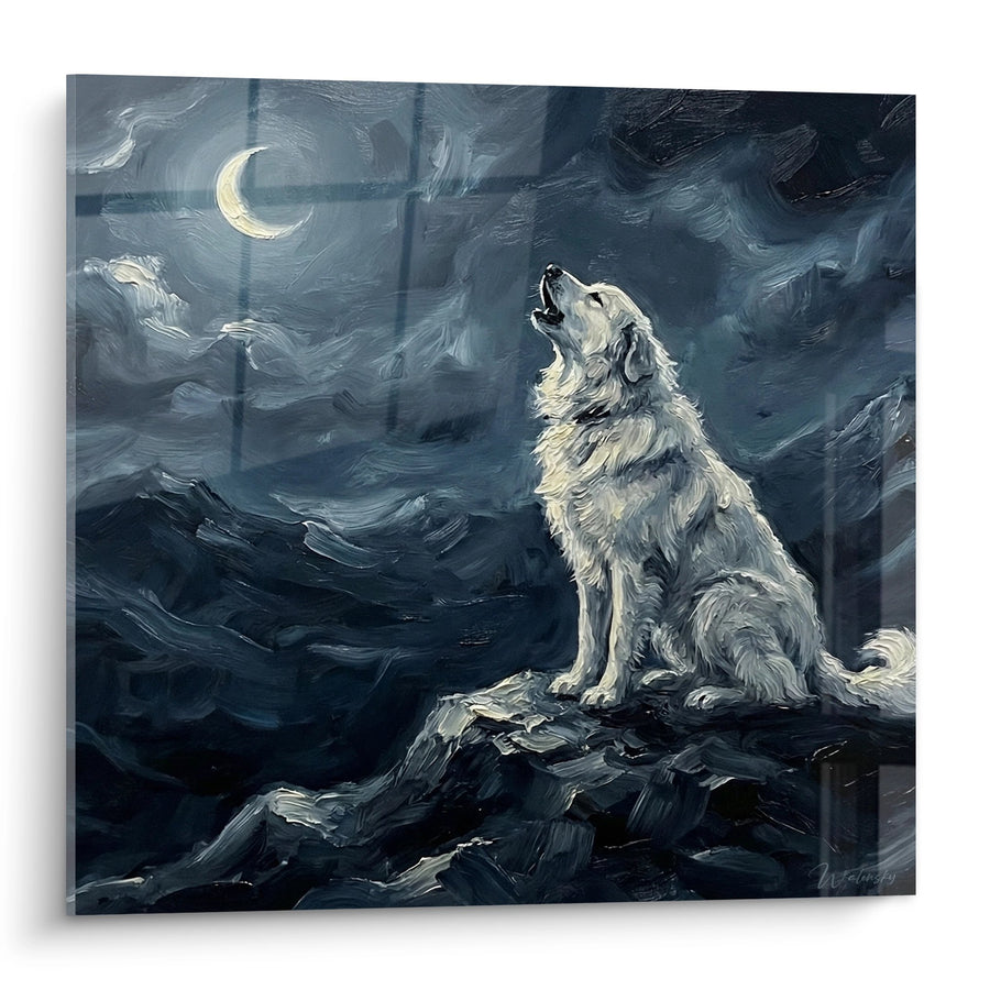 Tableau Loup Hurlant sous Croissant de Lune - Appel Nocturne - Edition Montagne des Pyrénées