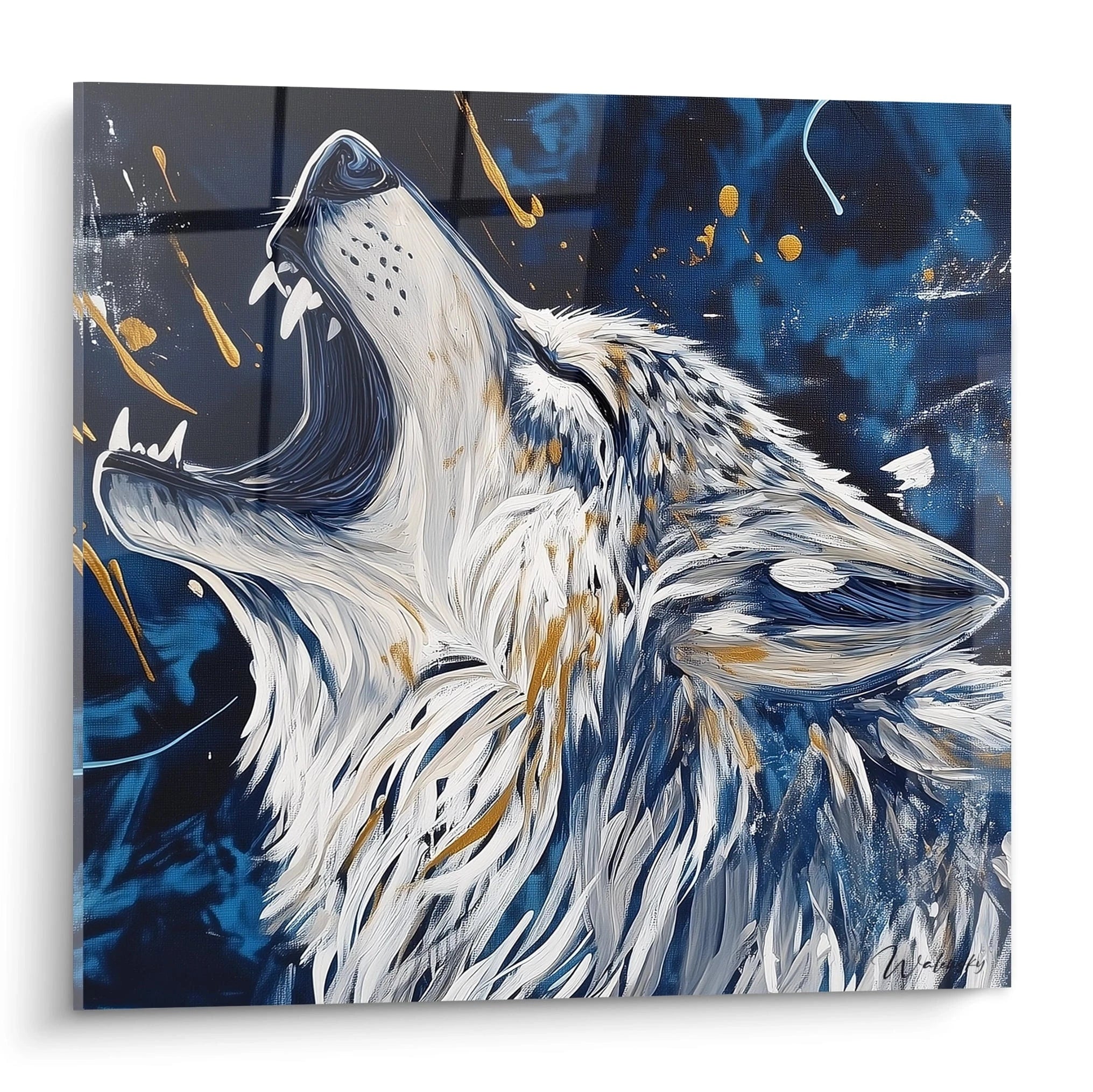 Tableau loup Walensky représentant un loup hurlant avec des touches de bleu et d'or