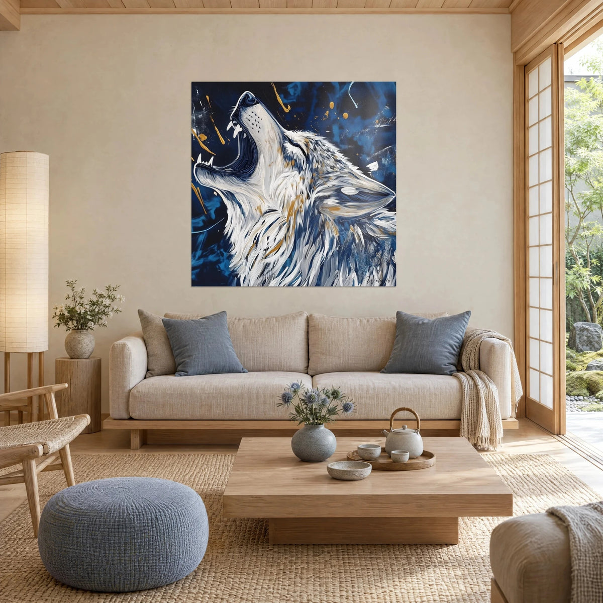 Cuadro lobo aullando, pelaje blanco con vetas doradas sobre fondo azul noche, encima de un sofá en un salón luminoso