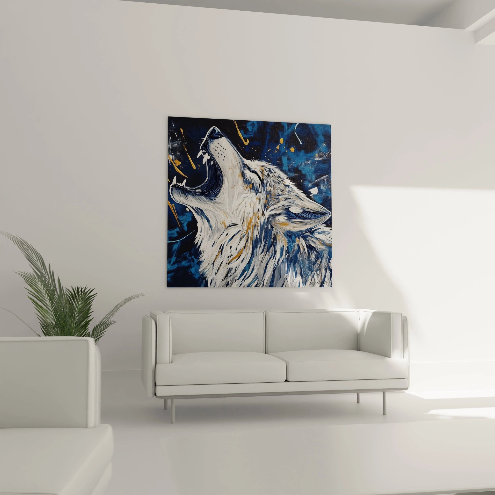 Tableau loup Walensky représentant un loup hurlant en peinture moderne dans un salon minimaliste
