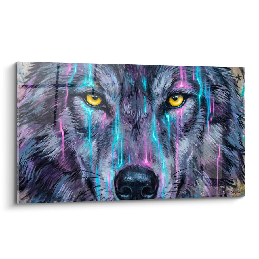 Schilderij "Wolf met gouden ogen en neonpaarse, turkooizen druipers" - Urbane roofdier - Neonfluo streetart editie