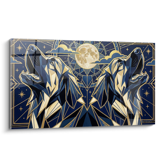 Modern painting two geometric blue and gold wolves moon stars Leonberg edition