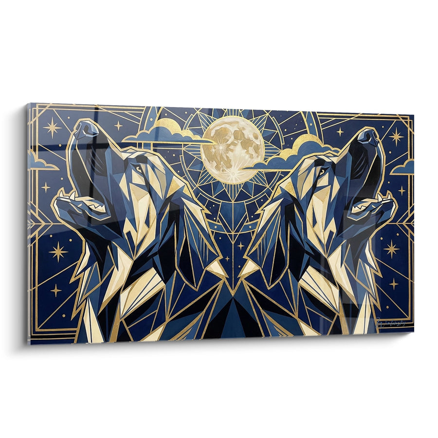 Tableau Deux Loups Géométriques Bleus et Dorés sous la Lune - Duo Mystique - Edition Leonberg