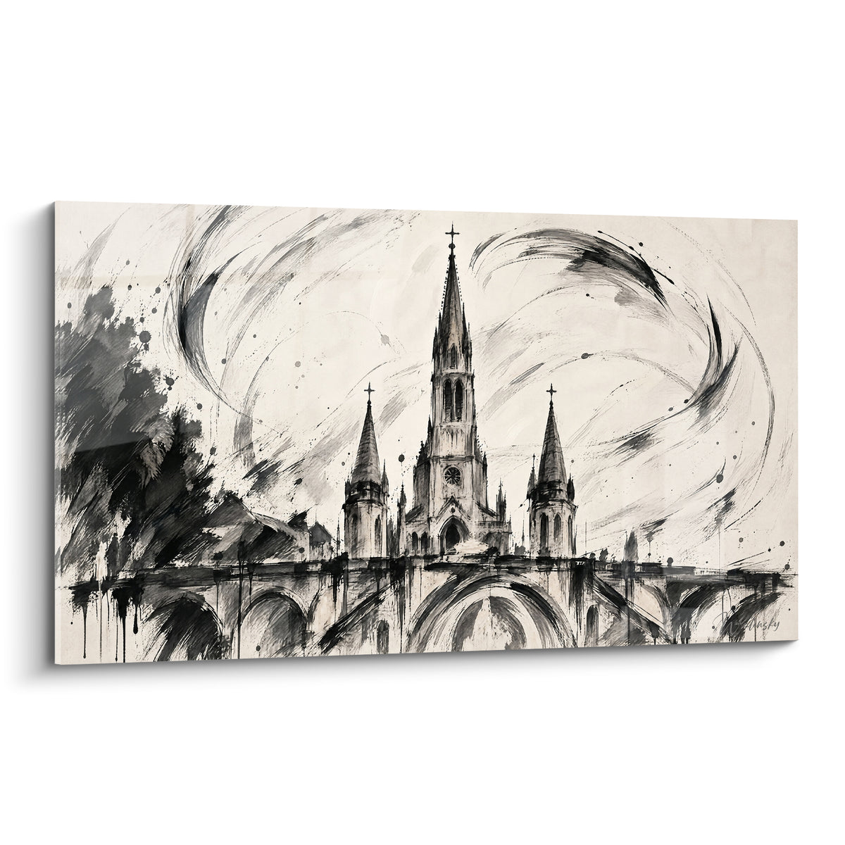 Gemälde Basilika von Lourdes in schwarzer Tinte und Elfenbein, gotische Spitztürme unter einem Pinselwirbel