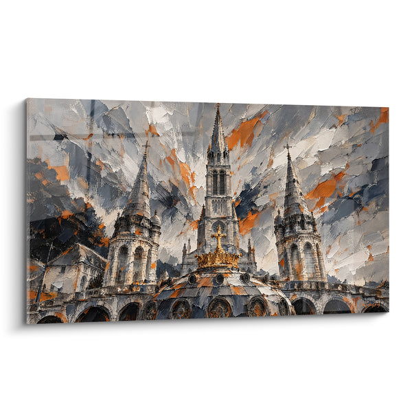 Painting Basilica in Grey and Orange with Three Spires - Stone Fervor - Lourdes Edition Occitanie France