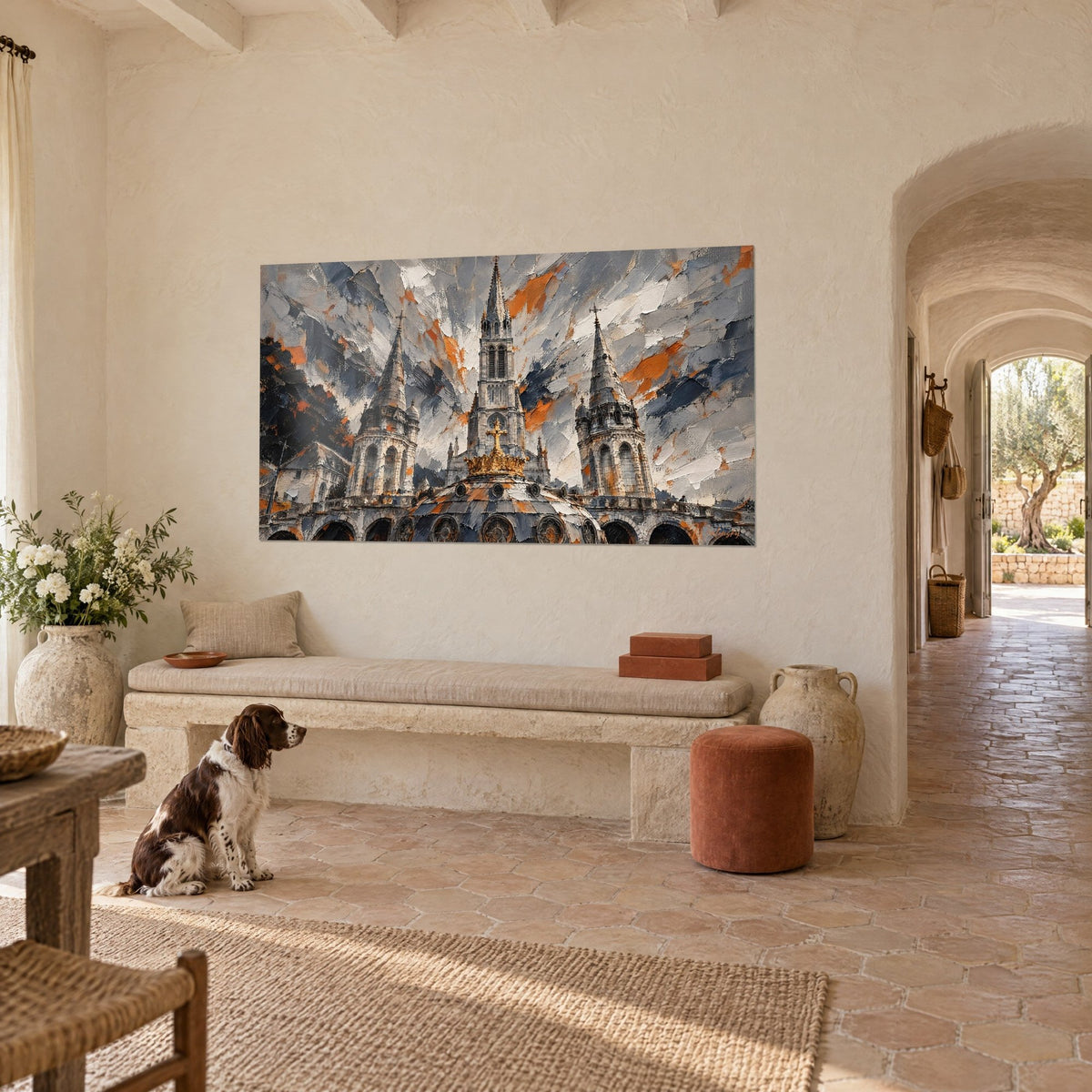 Wall art Gothic sanctuary with slender bell towers, palette-knife strokes in grey and orange, spaniel sitting in a Provençal farmhouse