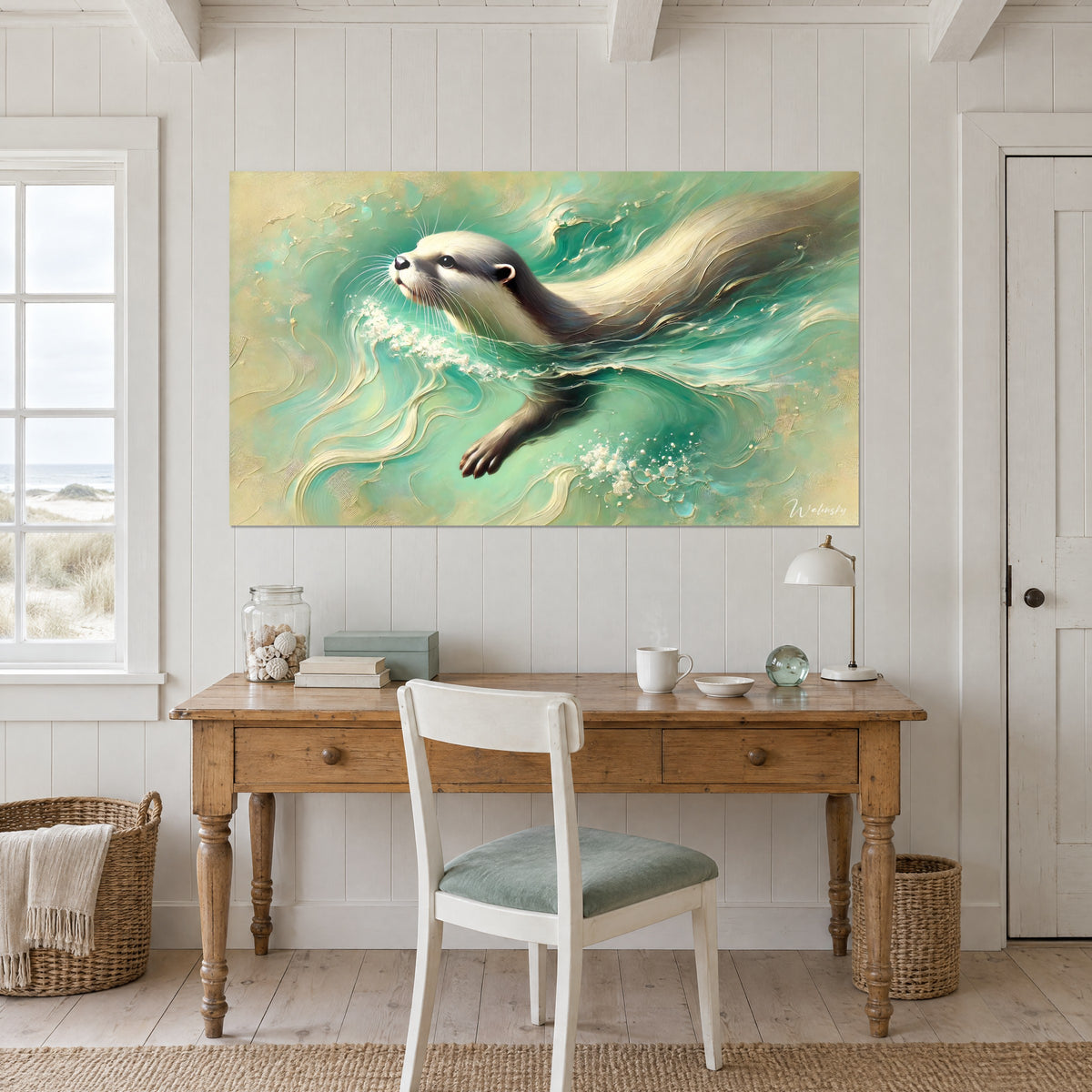 Tableau animal aquatique à la fourrure gris perle sillonnant des flots émeraude et sable doré, au-dessus d'un bureau en bois