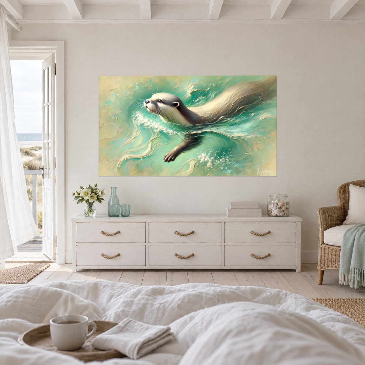 Tableau petite loutre au regard curieux, museau levé dans les vagues vert jade et ivoire, au-dessus d'un lit dans une chambre claire